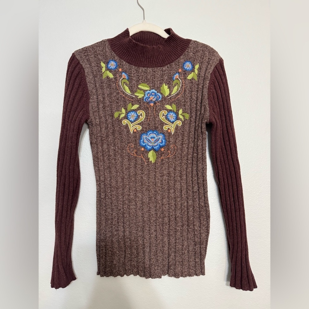 Sundance Brown Ribbed Mock-neck Sweater With Floral Embroidery